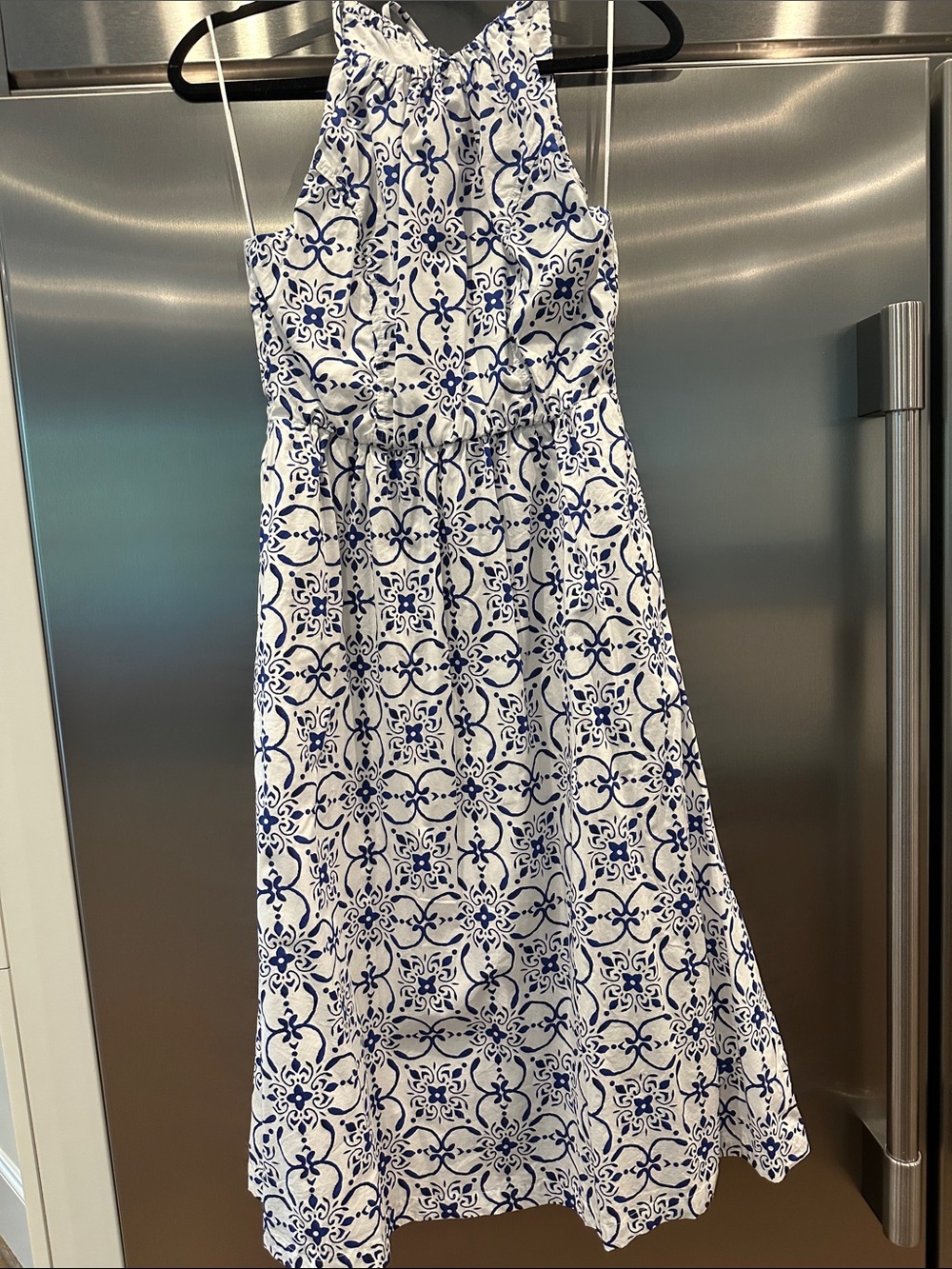 J. Crew White Midi Dress with Blue Tile Print
